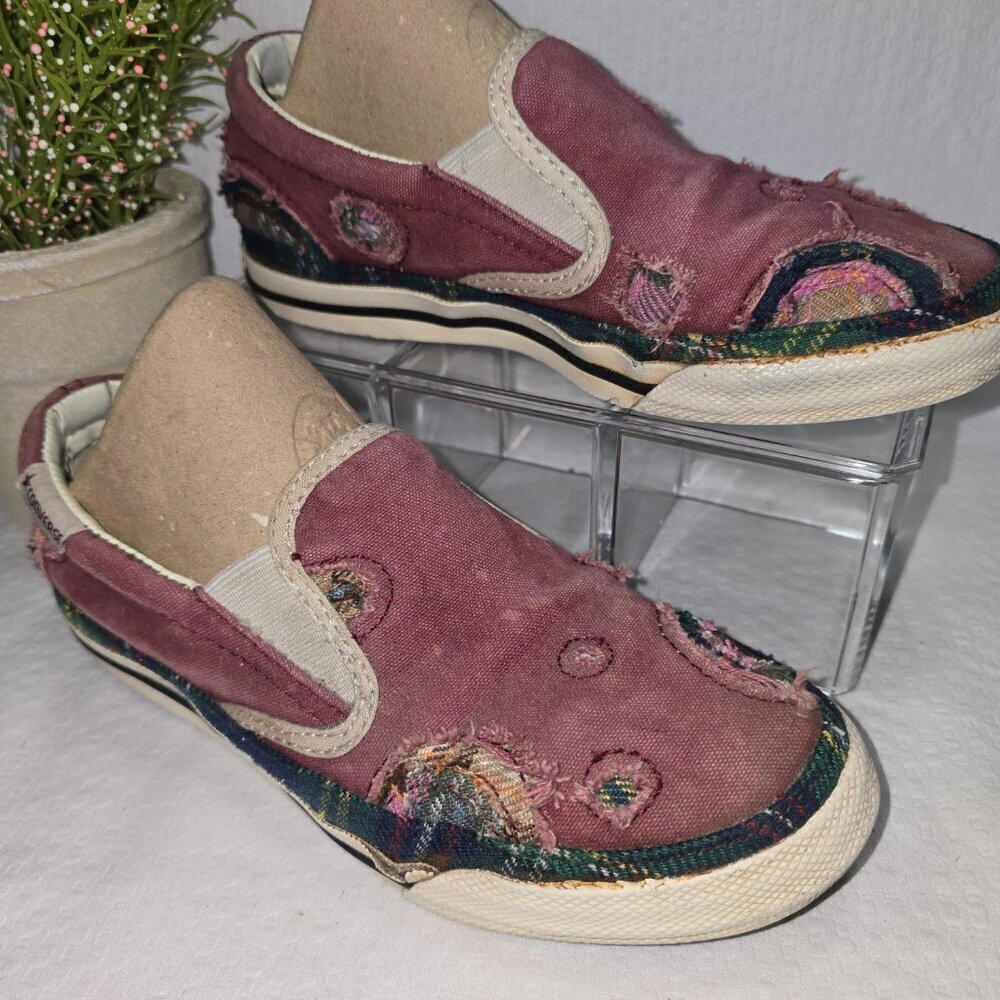 CONVERSE SKID GRIP EV PATCHWORK WOMENS SLIP ON BURGUNDY CANVAS PLIMSOLLS 5.5